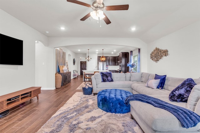 2125 Swanmore Way, Forney, TX 75126 - living area featuring arched walkways, recessed lighting, dark wood-style flooring, a ceiling fan, and baseboards