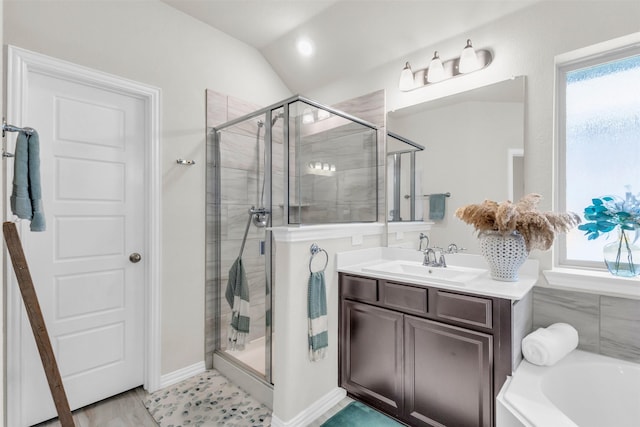 2125 Swanmore Way, Forney, TX 75126 - full bath with a stall shower, plenty of natural light, vanity, and vaulted ceiling