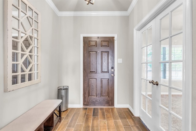 2125 Swanmore Way, Forney, TX 75126 - entryway with baseboards, ornamental molding, french doors, and dark wood-type flooring