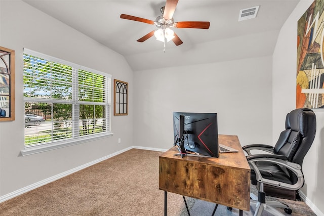 2125 Swanmore Way, Forney, TX 75126 - office area with carpet flooring, a ceiling fan, vaulted ceiling, and baseboards