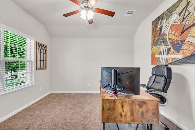 2125 Swanmore Way, Forney, TX 75126 - office space featuring vaulted ceiling, carpet floors, plenty of natural light, a ceiling fan, and baseboards