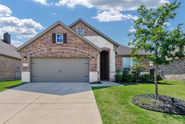 3129 Greymoore Dr, Anna, TX 75409 - french country inspired facade with brick siding, concrete driveway, stone siding, a front lawn, and a shingled roof