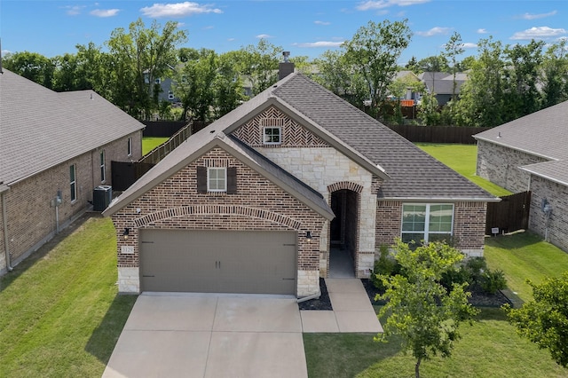 3129 Greymoore Dr, Anna, TX 75409 - french country inspired facade with stone siding, brick siding, driveway, a garage, and central air condition unit