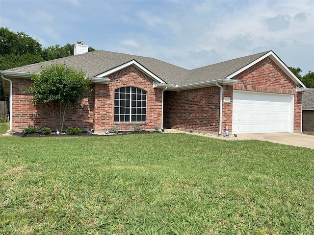 813 Green Acres Ln, Midlothian, TX 76065 - ranch-style home with an attached garage, a chimney, roof with shingles, and a front yard