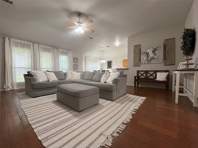 813 Green Acres Ln, Midlothian, TX 76065 - living room featuring ceiling fan, dark wood finished floors, plenty of natural light, and lofted ceiling