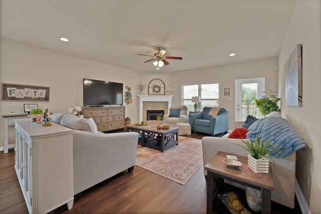 2202 Louis Trl, Weatherford, TX 76087 - living area featuring a ceiling fan, dark wood-style floors, recessed lighting, and a fireplace