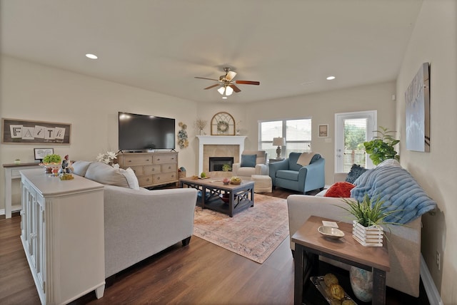 2202 Louis Trl, Weatherford, TX 76087 - living area featuring a ceiling fan, dark wood-style floors, recessed lighting, and a fireplace