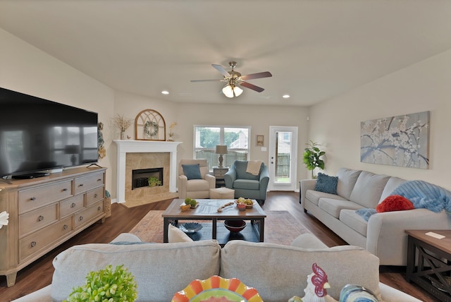 2202 Louis Trl, Weatherford, TX 76087 - living room featuring dark wood-type flooring, recessed lighting, a ceiling fan, and a tiled fireplace