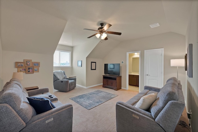 2202 Louis Trl, Weatherford, TX 76087 - living room featuring vaulted ceiling, ceiling fan, light colored carpet, and baseboards