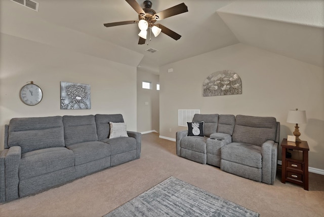 2202 Louis Trl, Weatherford, TX 76087 - living room featuring carpet flooring, a ceiling fan, baseboards, and vaulted ceiling