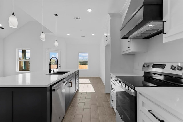 5512 San Jacinto Dr, Granbury, TX 76048 - kitchen featuring stainless steel appliances, custom exhaust hood, a sink, light countertops, and white cabinetry