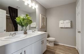 254 Lake Erie Dr, Princeton, TX 75407 - full bath featuring double vanity, baseboards, toilet, and wood finished floors