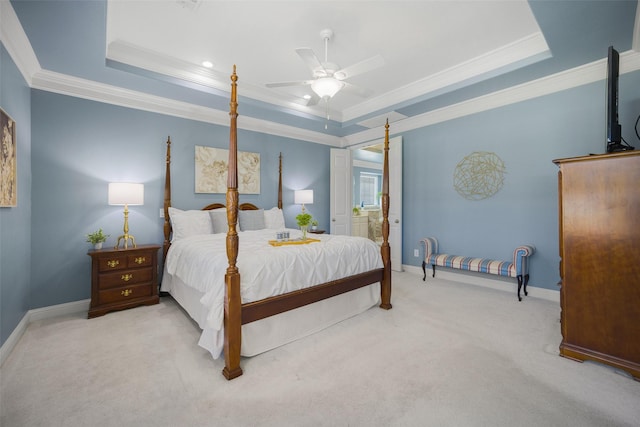 2410 Gail St, Royse City, TX 75189 - carpeted bedroom with a raised ceiling, crown molding, baseboards, ceiling fan, and ensuite bath