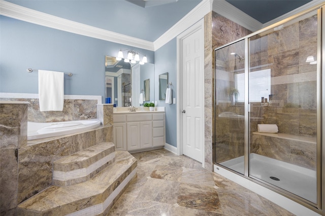 2410 Gail St, Royse City, TX 75189 - bathroom with crown molding, a bath, vanity, a shower stall, and a chandelier