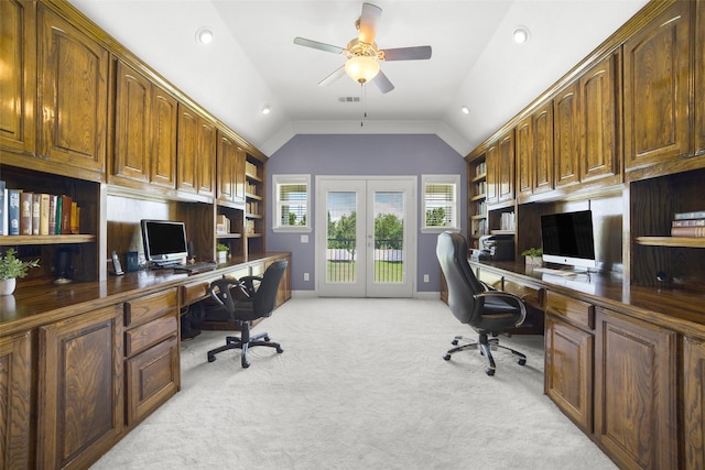 2410 Gail St, Royse City, TX 75189 - home office with built in study area, french doors, a ceiling fan, light colored carpet, and vaulted ceiling