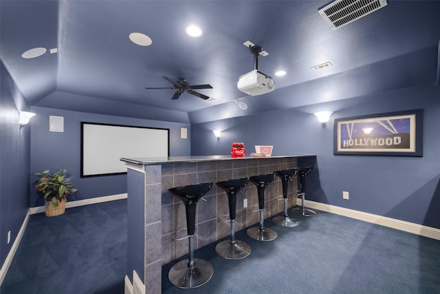 2410 Gail St, Royse City, TX 75189 - home theater with a bar, a ceiling fan, baseboards, carpet floors, and recessed lighting