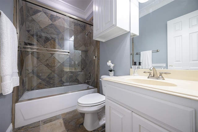 2410 Gail St, Royse City, TX 75189 - bathroom featuring toilet, vanity, enclosed tub / shower combo, crown molding, and stone finish flooring