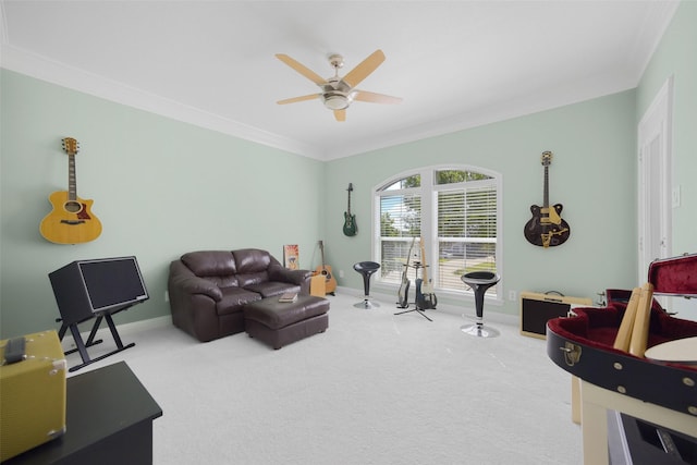 2410 Gail St, Royse City, TX 75189 - living room with ornamental molding, ceiling fan, carpet, and baseboards