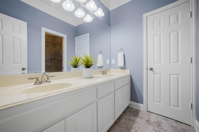 2410 Gail St, Royse City, TX 75189 - full bathroom with double vanity, ornamental molding, tiled shower, and baseboards