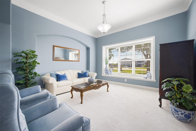 2410 Gail St, Royse City, TX 75189 - living room with crown molding, baseboards, and carpet floors