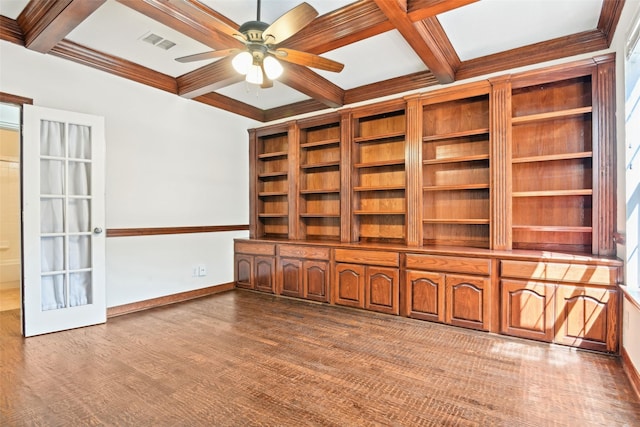8604 Preston Wood Dr, Mckinney, TX 75072 - empty room featuring coffered ceiling, a ceiling fan, beam ceiling, baseboards, and wood finished floors