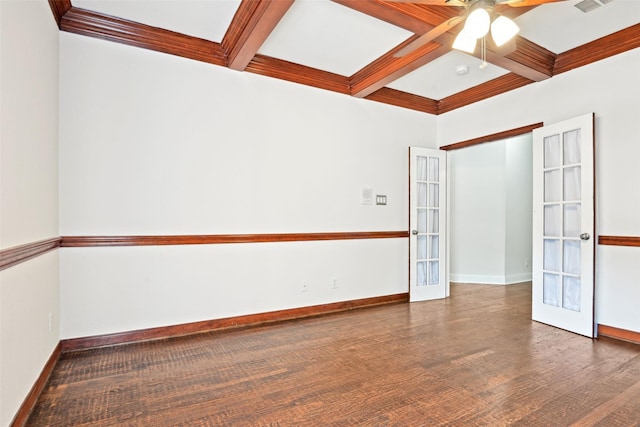 8604 Preston Wood Dr, Mckinney, TX 75072 - empty room featuring french doors, coffered ceiling, beam ceiling, a ceiling fan, and wood finished floors