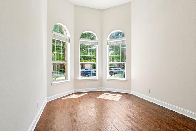 8604 Preston Wood Dr, Mckinney, TX 75072 - unfurnished room with healthy amount of natural light, wood finished floors, baseboards, and a high ceiling