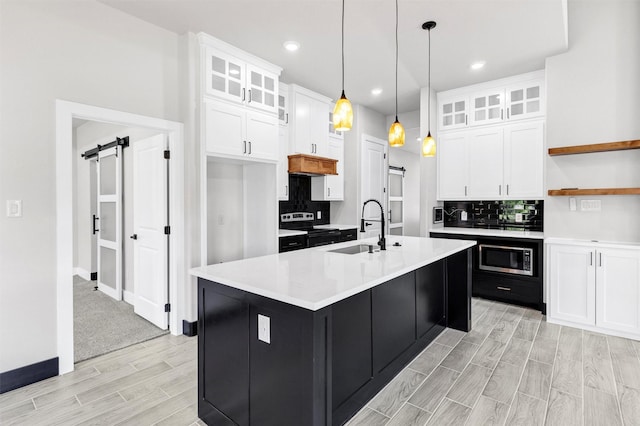 2519 Lakeridge Dr, Granbury, TX 76048 - kitchen with a sink, stainless steel appliances, wood finish floors, a barn door, and white cabinets