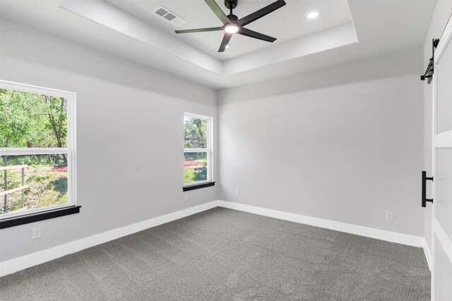 2519 Lakeridge Dr, Granbury, TX 76048 - spare room featuring a barn door, a raised ceiling, plenty of natural light, and recessed lighting