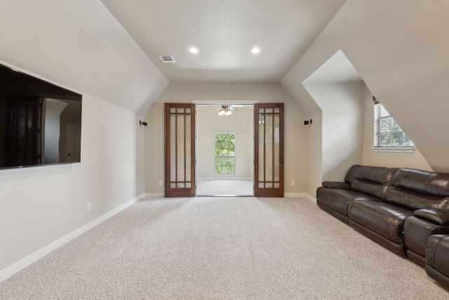 54 Cypress Ct, Trophy Club, TX 76262 - carpeted living area with lofted ceiling, baseboards, and recessed lighting