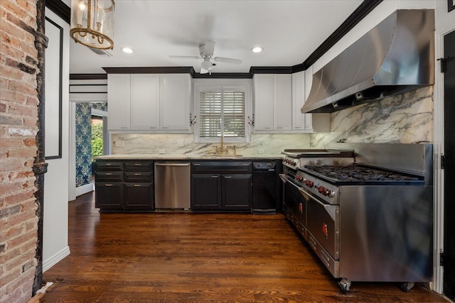4720 Collinwood Ave, Fort Worth, TX 76107 - kitchen with appliances with stainless steel finishes, ventilation hood, white cabinets, ceiling fan, and backsplash