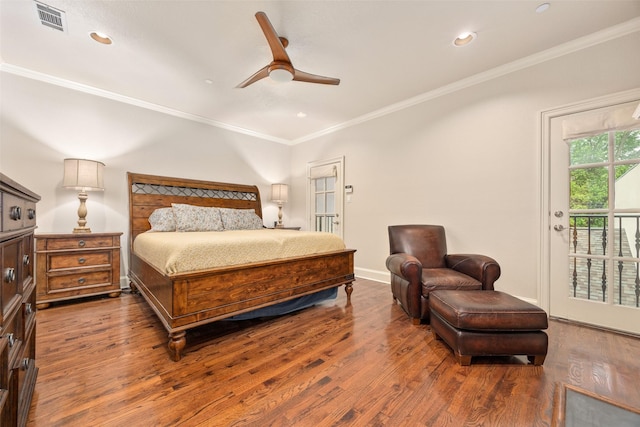 4702 Dexter Ave, Fort Worth, TX 76107 - bedroom featuring access to outside, wood finished floors, crown molding, ceiling fan, and baseboards