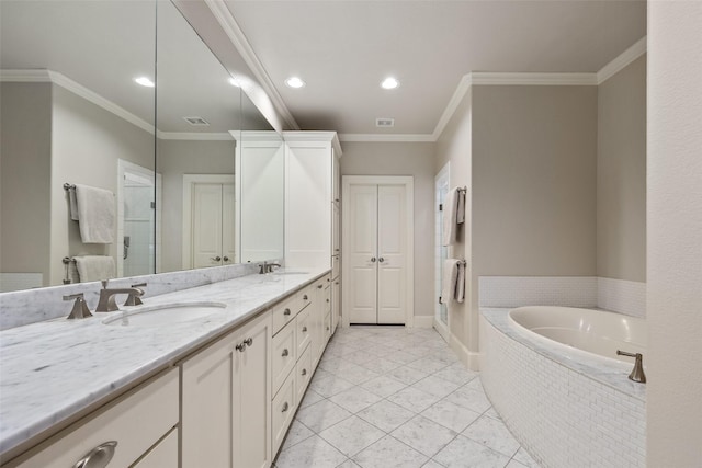 4702 Dexter Ave, Fort Worth, TX 76107 - full bathroom with a shower stall, a bath, double vanity, recessed lighting, and crown molding