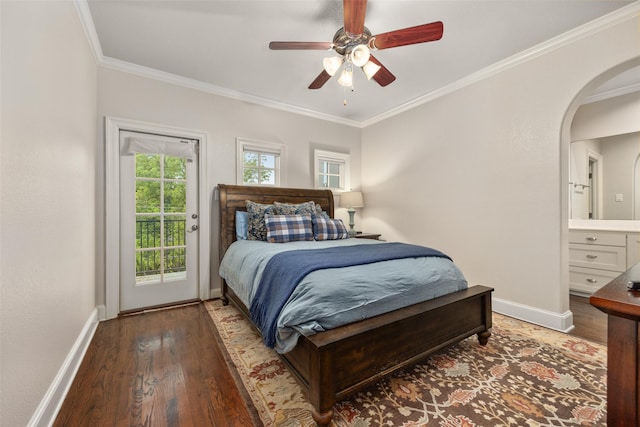 4702 Dexter Ave, Fort Worth, TX 76107 - bedroom featuring wood finished floors, crown molding, baseboards, access to outside, and arched walkways