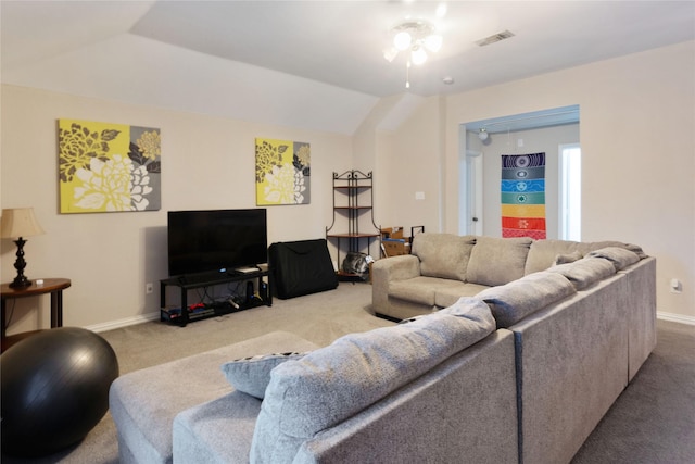 4620 Friars Ln, Grand Prairie, TX 75052 - carpeted living room featuring lofted ceiling, baseboards, and a ceiling fan
