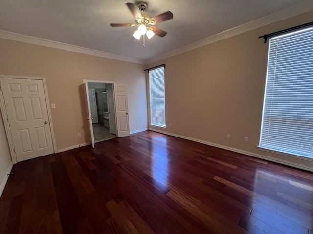 8205 Fountain Springs Dr, Plano, TX 75025 - unfurnished bedroom featuring wood finished floors, crown molding, baseboards, a ceiling fan, and ensuite bath