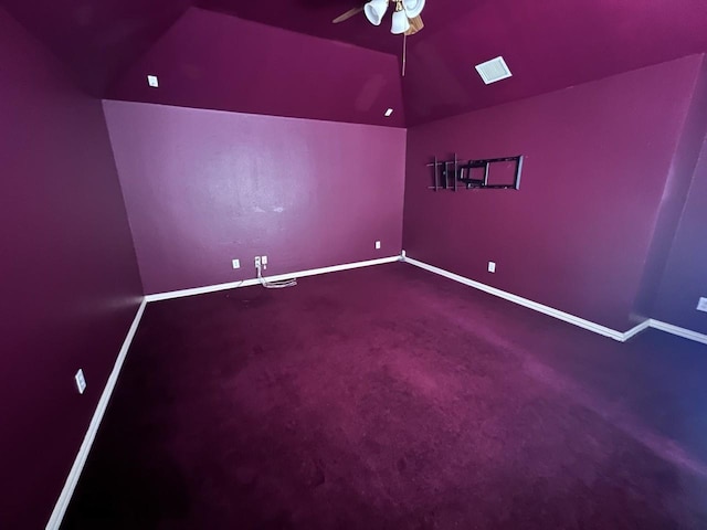 8205 Fountain Springs Dr, Plano, TX 75025 - carpeted home theater featuring a ceiling fan, baseboards, and lofted ceiling