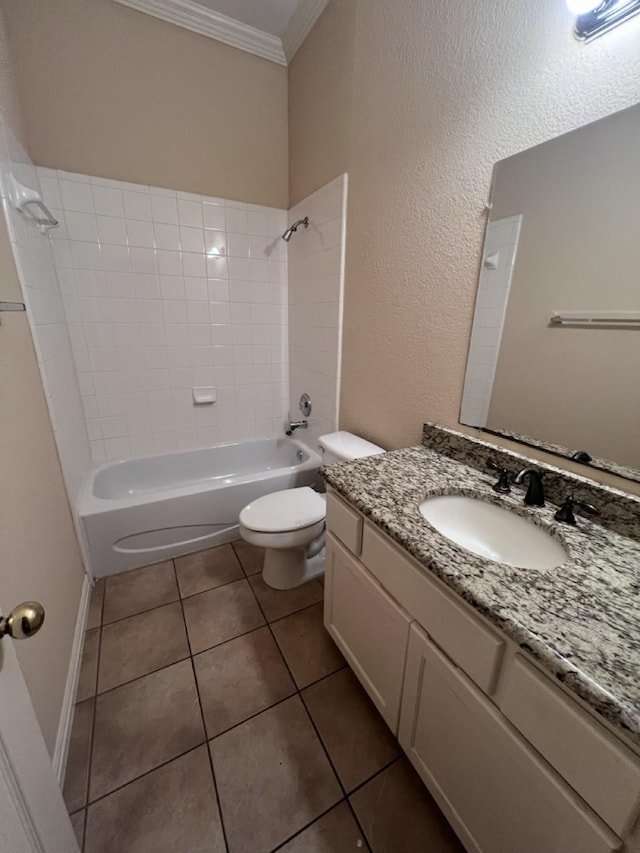 8205 Fountain Springs Dr, Plano, TX 75025 - bathroom with crown molding, toilet, shower / bathtub combination, vanity, and tile patterned floors