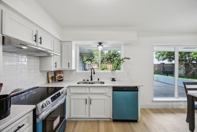 kitchen with range with electric stovetop, dishwasher, a sink, under cabinet range hood, and tasteful backsplash