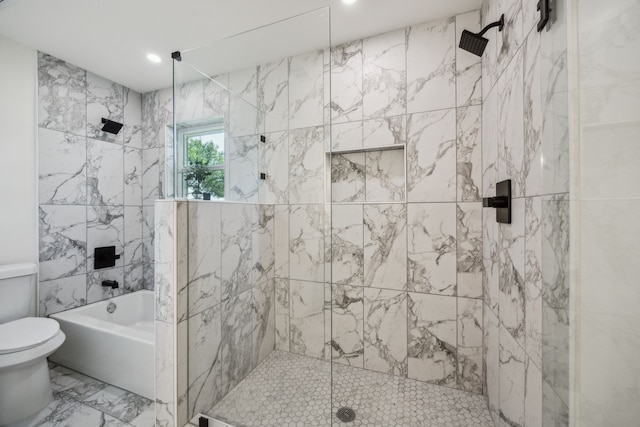 full bathroom with toilet, marble finish floors, and recessed lighting