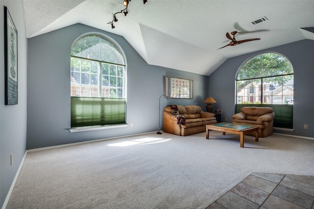 living area featuring lofted ceiling, carpet, a textured ceiling, and baseboards