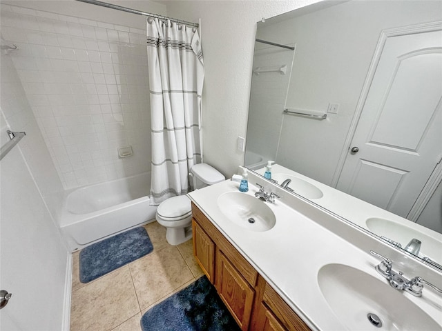 4317 Bay Meadow Dr, Denton, TX 76210 - full bath with toilet, tile patterned flooring, shower / bath combo with shower curtain, and double vanity