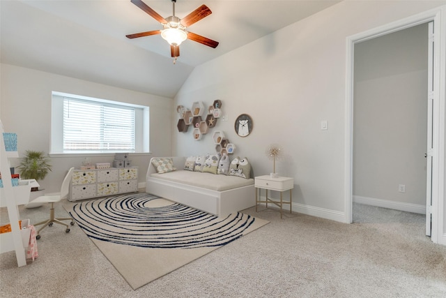 771 Elm Park Dr, Prosper, TX 75078 - living area featuring carpet flooring, ceiling fan, baseboards, and vaulted ceiling