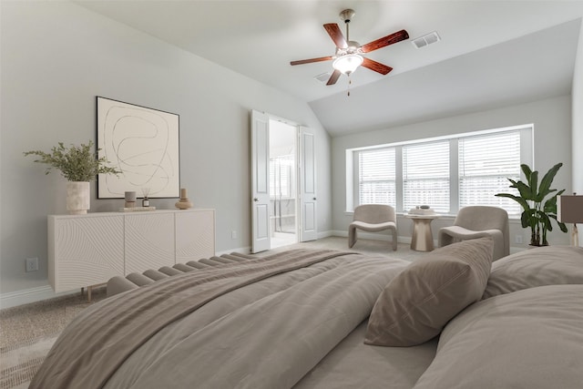771 Elm Park Dr, Prosper, TX 75078 - carpeted bedroom featuring baseboards, lofted ceiling, ensuite bath, and ceiling fan
