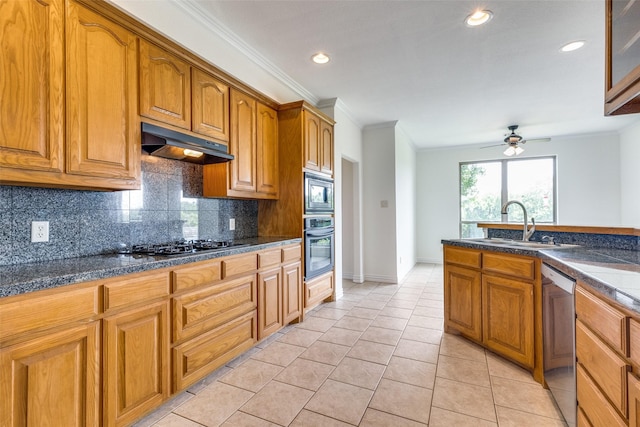 3209 S Bay Breeze Ln, Fort Worth, TX 76179 - kitchen with under cabinet range hood, appliances with stainless steel finishes, brown cabinetry, a sink, and ornamental molding