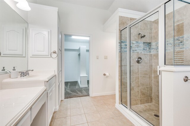 3209 S Bay Breeze Ln, Fort Worth, TX 76179 - full bathroom with a shower stall, tile patterned floors, vanity, and baseboards