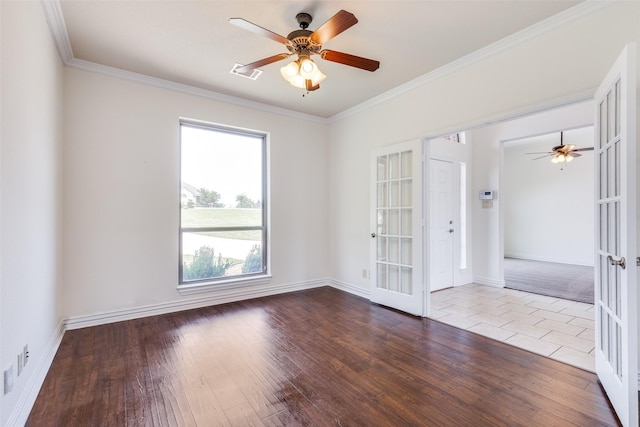 3209 S Bay Breeze Ln, Fort Worth, TX 76179 - unfurnished room with french doors, a ceiling fan, wood finished floors, crown molding, and baseboards