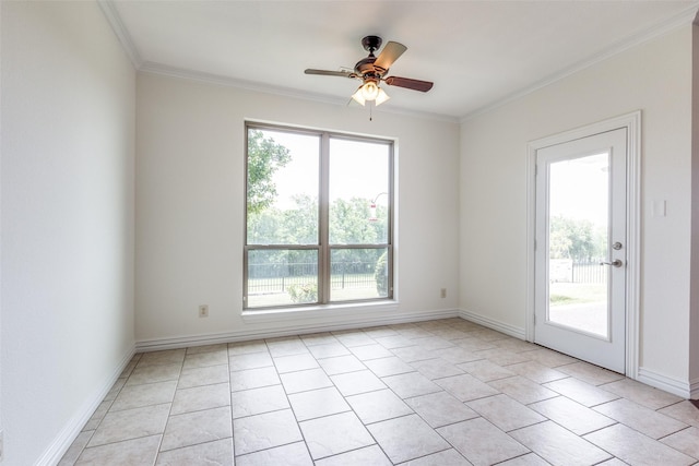3209 S Bay Breeze Ln, Fort Worth, TX 76179 - empty room featuring ornamental molding, ceiling fan, baseboards, and light tile patterned floors