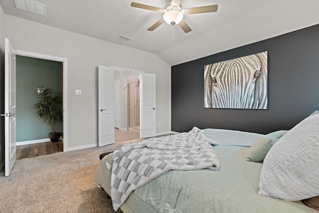 3112 Kingsgarden Rd, Denton, TX 76207 - bedroom with carpet floors, vaulted ceiling, baseboards, and a ceiling fan