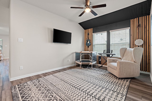 3112 Kingsgarden Rd, Denton, TX 76207 - sitting room featuring ceiling fan, plenty of natural light, baseboards, wood finished floors, and lofted ceiling